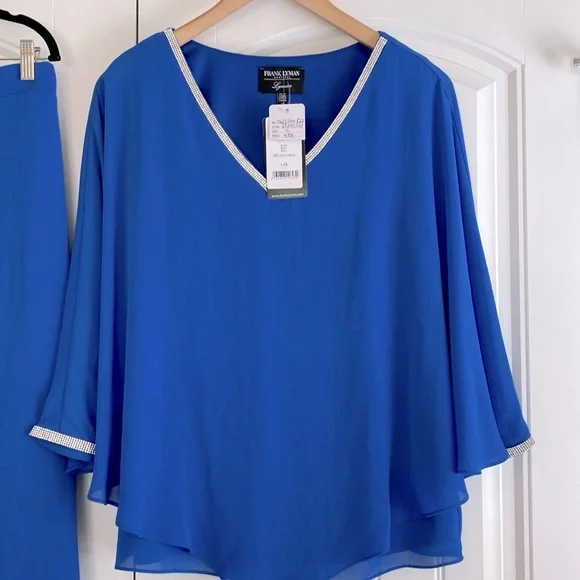 Frank Lyman NWT Women's Imperial Blue Pants Outfit w/ Chiffon Overlay Size L - Picture 4 of 16